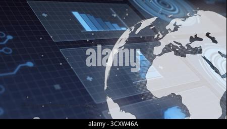 Dotted 3D globe rotating in hologram display, with charts nodes and light particles, copy space Stock Photo