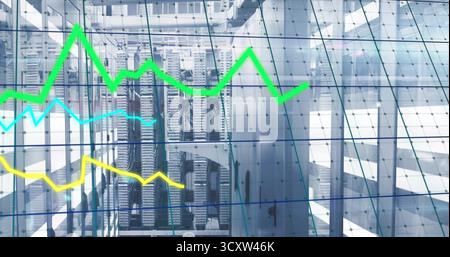 Showing server racks displaying performance data in data center corridor, with line graph overlay Stock Photo