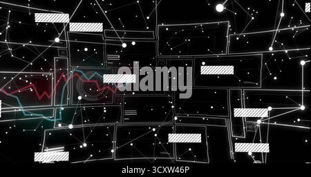 Visualizing white nodes, lines forming network in digital void, with frames and colored lines Stock Photo