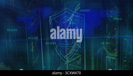 Projecting holographic security shield tracking metrics in data center, with racks, cables, grid Stock Photo