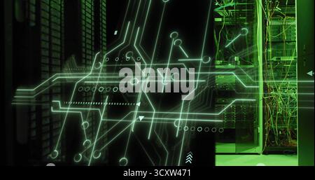 Displaying neon green network diagram mapping data flow in server room aisle, with equipment racks Stock Photo