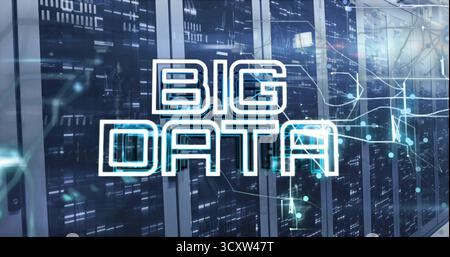 Displaying glowing BIG DATA covering server racks in server room, showcasing network connectivity Stock Photo