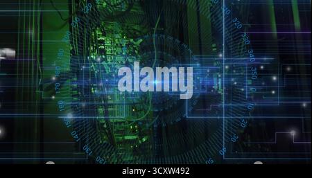 Displaying server rack with green LEDs projecting HUD in data center, featuring radial numerals Stock Photo