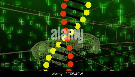 Floating wireframe automobile model drifting within dark grid, with neon green pixels, node column Stock Photo