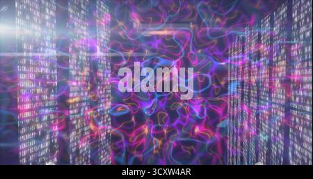 Swirling neon waveforms forming futuristic tunnel in virtual corridor, with binary code panels Stock Photo
