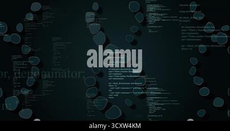 Displaying centered code fragments and turquoise blobs on digital screen, software theme Stock Photo