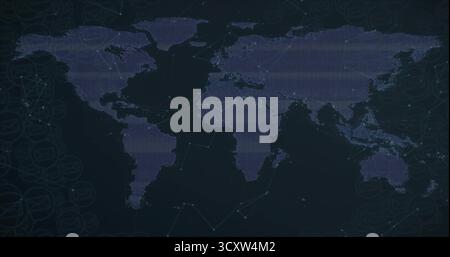 Displaying pixelated world map revealing network nodes on digital panel, with scanline grid Stock Photo