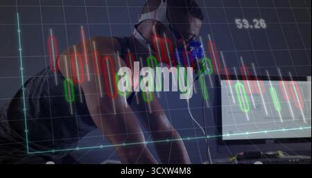 Athlete wearing breathing mask running on treadmill in lab with candlestick overlay and monitor Stock Photo