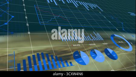 Displaying pie, bar and line charts in 3D grid interface, with percentage and numeric labels Stock Photo