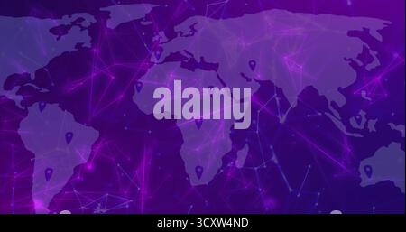 Displaying central world map overlaying neon network in digital design, with data nodes, pin icons Stock Photo