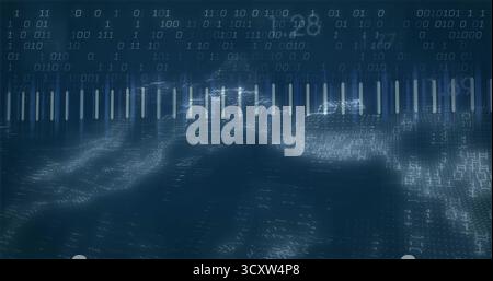 Displaying vertical glowing bars stretching across digital mesh, with floating binary sequences Stock Photo