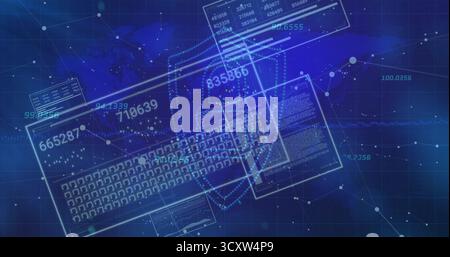 Displaying translucent keyboard blueprint over network map, with data panels, nodes and code window Stock Photo