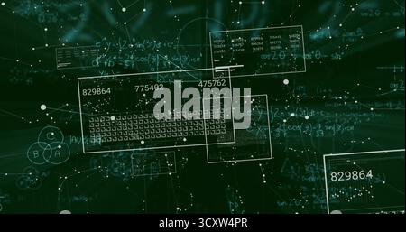 Displaying central translucent panel showing numeric codes over green interface, with network nodes Stock Photo