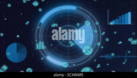 Displaying center circular radar HUD on grid, showing pie chart, bar chart, waveform, data icons Stock Photo