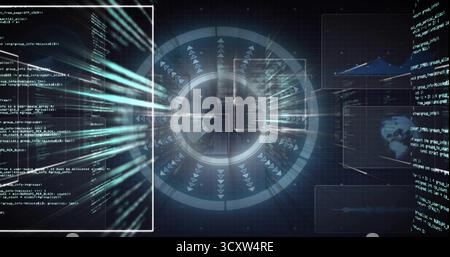 Streaming data hub handling teal streams in dark grid backdrop, with code, chart and globe panels Stock Photo