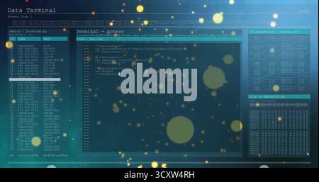 Displaying terminal interface on screen, with code editor, credentials, encryption, bokeh overlay Stock Photo