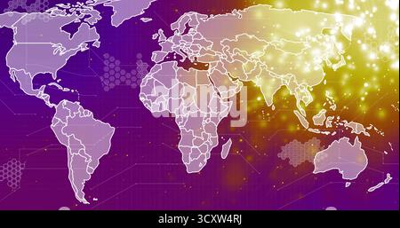 Displaying world map on purple-gold gradient, showing network links, hex clusters and glowing nodes Stock Photo