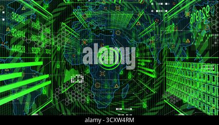 Displaying futuristic interface showing wireframe world map on hex grid with glowing data gauge Stock Photo
