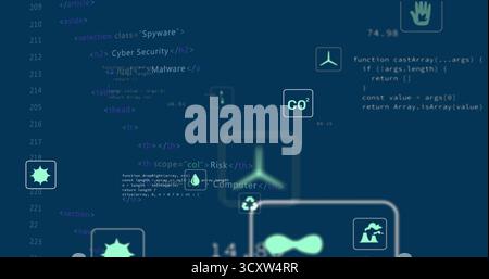 Displaying icons floating over code dashboard with CO2, water, recycle, wind, volcano, sunburst Stock Photo