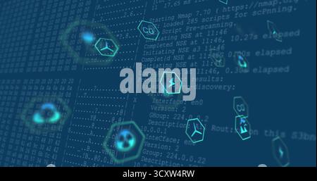 Displaying neon cyan hexagonal icons in cyber dashboard, showing hexadecimal data, terminal output Stock Photo