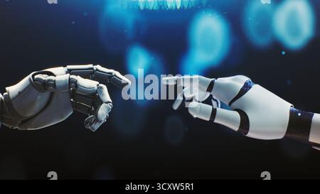 Touch Between Human and Robot Sparks Transformation. Robotic Finger Touches Human Hand, Triggering Stunning Transformation Into Metal and Light. Concept of Boundary Between Humans and Machine. Stock Photo