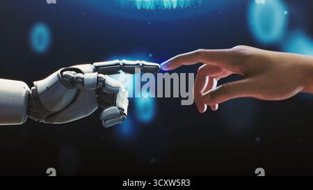Touch Between Human and Robot Sparks Transformation. Robotic Finger Touches Human Hand, Triggering Stunning Transformation Into Metal and Light. Concept of Boundary Between Humans and Machine. Stock Photo