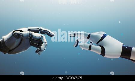 Close Up of Futuristic Robotic Hand Touching Human One That Gradually Morphs Into Robotic Form. Human Becomes Machine Through AI Touch. Concept For Digital Metamorphosis, And Technological Evolution. Stock Photo