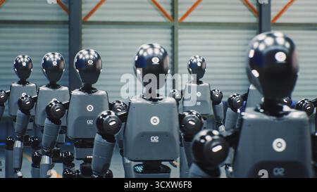 Rows Sleek Humanoid Robots Stand In Formation Under Bright Industrial Lights. Robots Standing In Perfect Order Symbolizing AI Future. AI Development, Robotics Revolution, Rise Of Intelligent Machines. Stock Photo