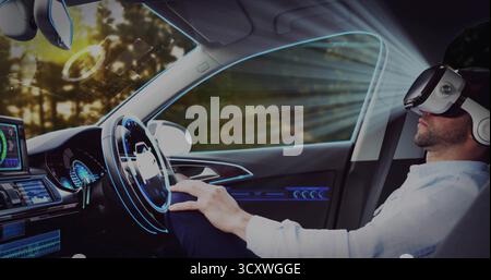 Testing driver wearing white long sleeve shirt, VR headset using holographic UI in car, copy space Stock Photo