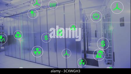 Displaying metallic server cabinets stretching down data center corridor, with energy icons Stock Photo