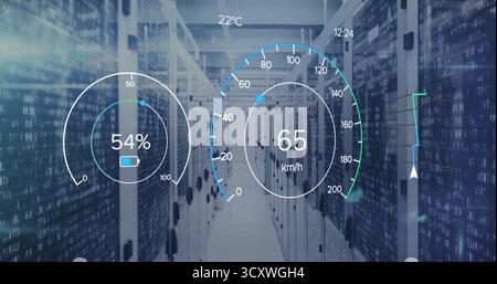 Displaying digital gauges over server racks in data center, showing capacity meter, speed and trend Stock Photo