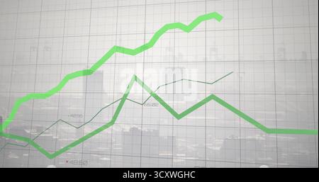 Displaying thick bright and thin dark green lines rising on grid axes over skyline, showing numbers Stock Photo