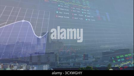 Projecting transparent stock market charts over aerial skyline, showing tower cranes, line graphs Stock Photo