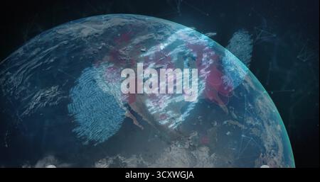Displaying Earth globe in space with fingerprint shapes, red hotspots and glowing network lines Stock Photo