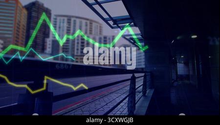 Displaying metal railing and neon line graph overlays crossing empty tiled walkway, with canopy Stock Photo
