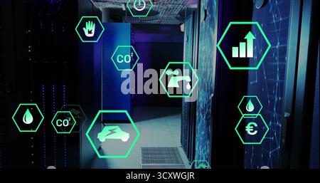 Glowing server racks illuminating data center corridor with blue LEDs, featuring green metric icons Stock Photo