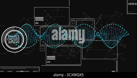 Displaying turquoise dotted waveform streaming across layered GUI, with wireframe nodes, data gauge Stock Photo