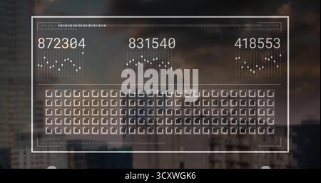 Floating HUD displaying readouts over dusk city skyline, with bar dot graphs, icon grid and labels Stock Photo