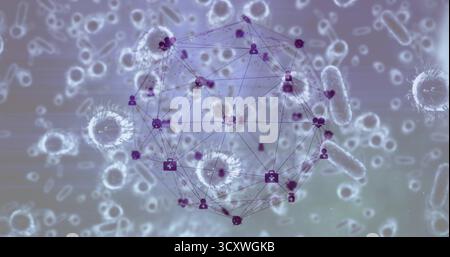 Floating purple network sphere hovering over rod-shaped cells, showing user heart med cross icons Stock Photo