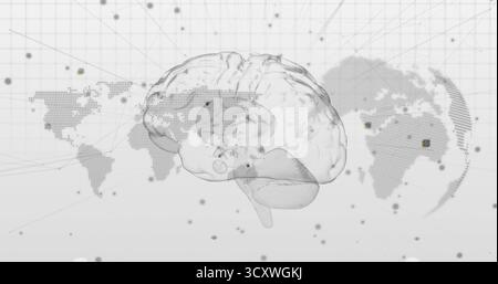 Floating 3D brain model hovering in grid backdrop, with network nodes and dotted world maps Stock Photo