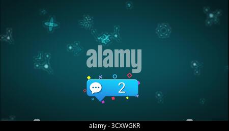 Floating chat bubble showing number 2, speech icon over teal screen, with gaming symbols Stock Photo