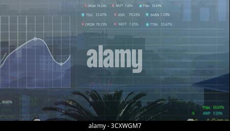 Displaying line chart showing data points over city street, with bars, arrows, tickers, copy space Stock Photo