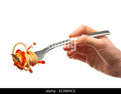 Female hand holds a fork with spaghetti pasta and splash of tomato sauce. Stock Photo