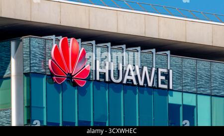 Sign and logo on the French headquarters of Huawei Technologies, a Chinese multinational company specializing in information technology and telecom Stock Photo