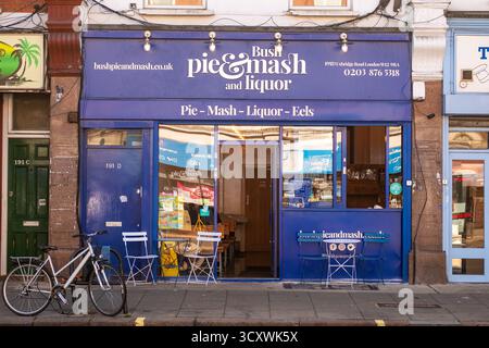 LONDON- SEPTEMBER 30, 2025: Bush Pie & Mash, a pie‑mash‑and‑liquor café at 191D Uxbridge Road, Shepherd’s Bush, London Stock Photo
