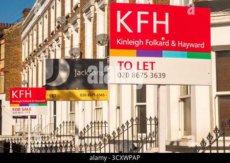 LONDON- SEPTEMBER 30, 2025: Jacksons, Douglas & Gordon, and KFH estate agents signs in Balham area of South West London Stock Photo