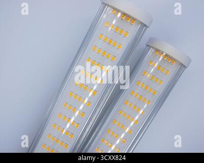 Two LED light tubes with yellow diodes on a light gray background. Stock Photo