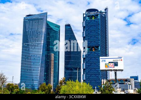 Mexico City Mexico - February 13 2022: The BBVA Building and Towers in Mexico City with Spiral Staircases Stock Photo