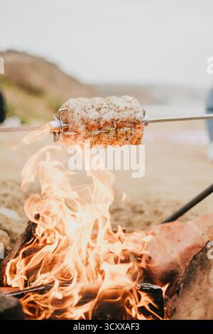 A skewer with food on it is being cooked over a fire. The scene is set on a beach, with the fire and the food being the main focus Stock Photo