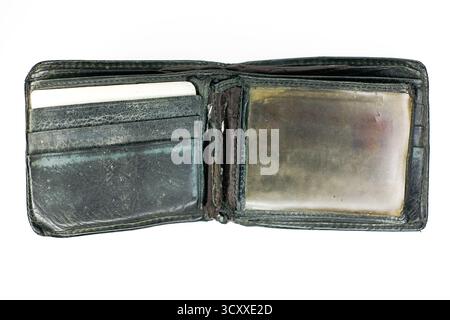 close up of old shabby leather wallet isolated on white background Stock Photo